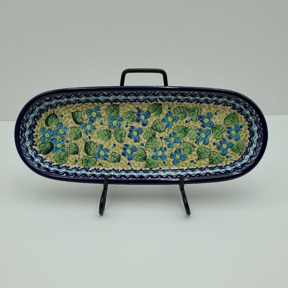 Polish Pottery Unikat Blue Floral Appetizer Tray 248 ART Oblong Relish Tray - Picture 1 of 7